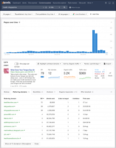 Ahrefs Content Explorer - Sort by Organic Traffic screenshot