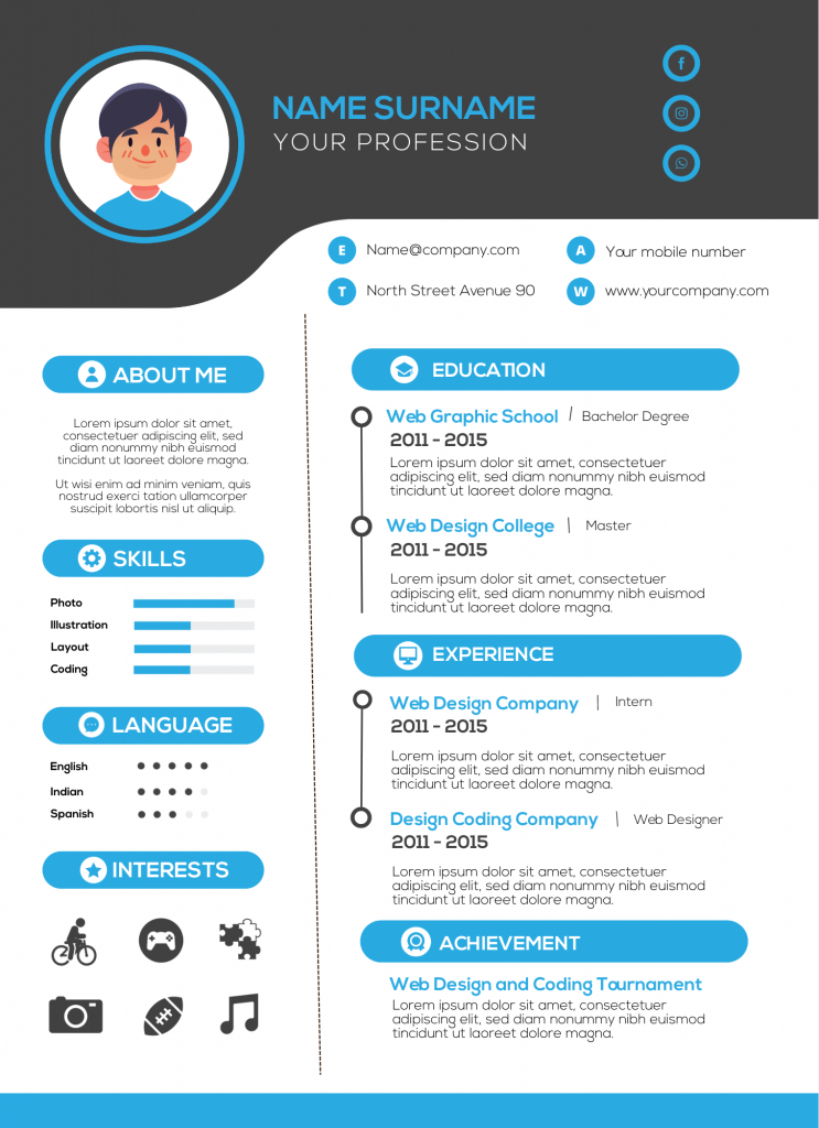 infographic resume template with black and blue colors