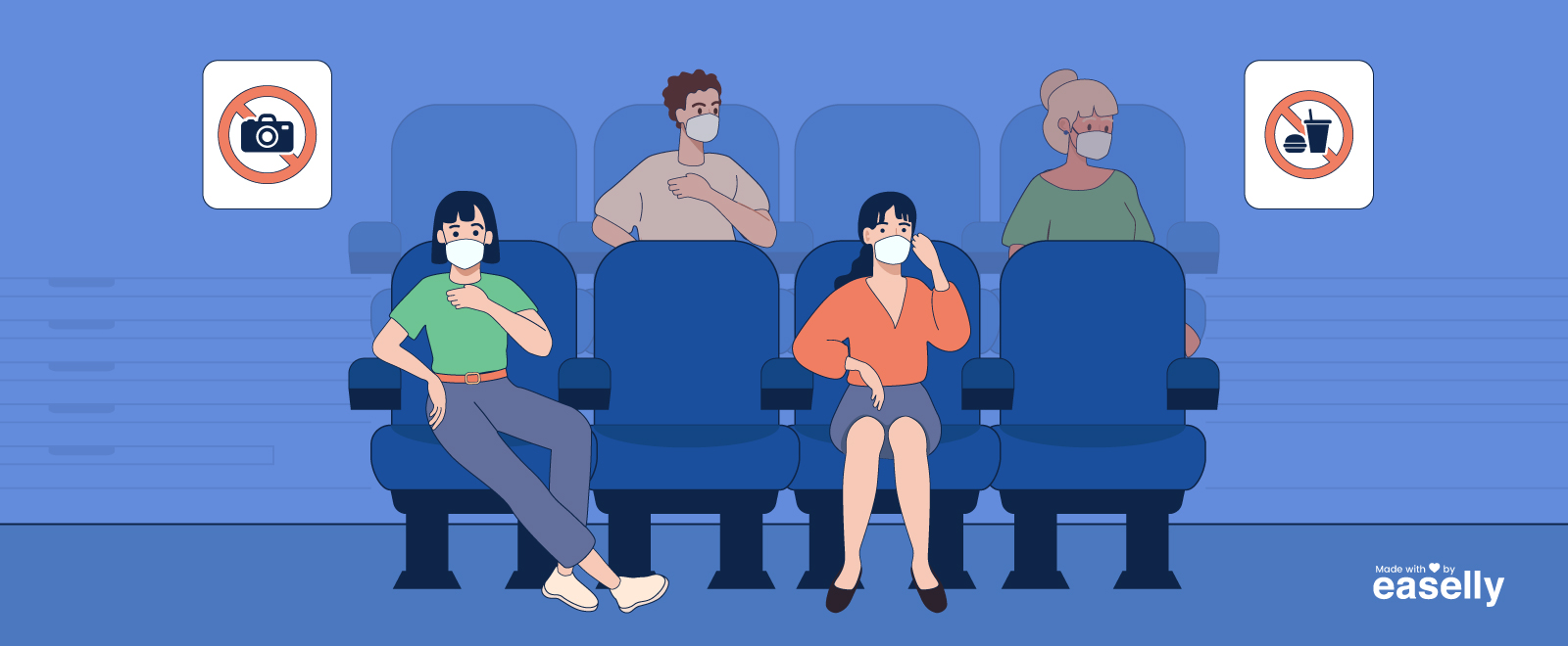 an illustration of the moviegoers wearing facemasks inside the theater